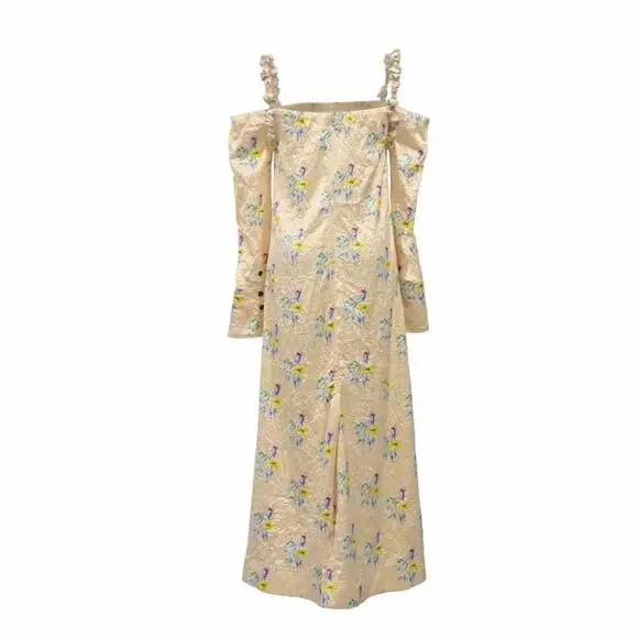 Ganni | Dresses | Ganni Crinkled Satin Floral Ruffle Strap Maxi Slit Dress  Size Eu 36 | Poshmark